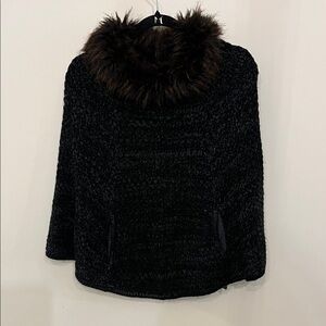 Steve Madden Charcoal Poncho with Dark Brown Fur Trim